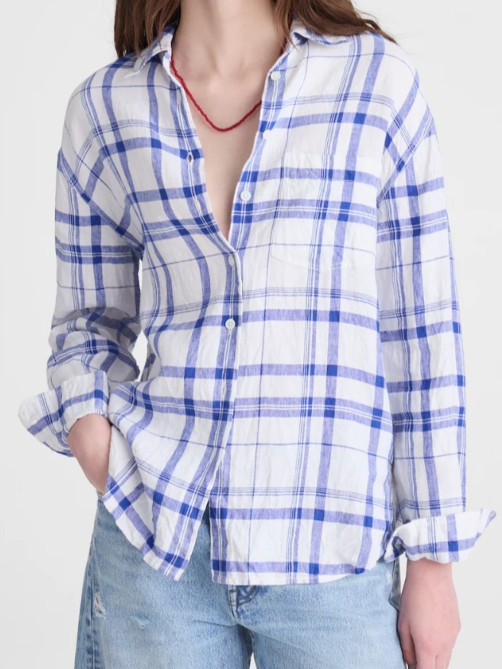 Madewell The Easy Shirt in 100% Linen Blue and White Plaid Shirt